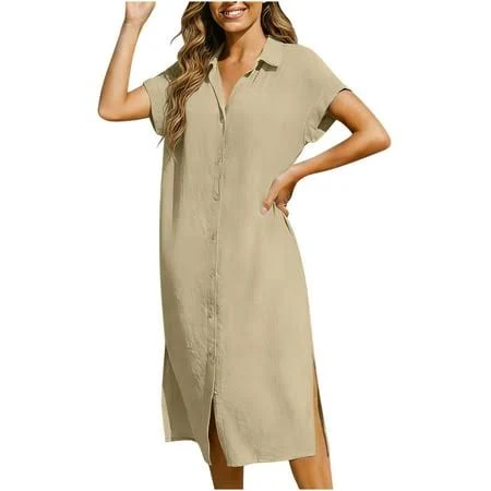 dress Women's Loose Collared Cotton Linen Midi Dress with Side Split Walmart - Hfnxid Fashion $22.99