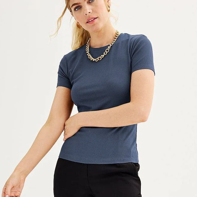 top Women's Nine West Fitted Ribbed Crewneck Top, Size: Small, Resolute Blue Kohl's $11.99