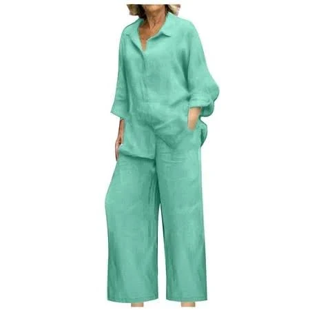 matching set Women's Oversize Linen Button Up Shirt and Wide Leg Pant Set AccessoryZ $20.26