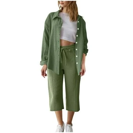 matching set Women's Oversized Cotton Linen Button Down Shirt & Cropped Pants Set Walmart - PrvdeBri $22.43