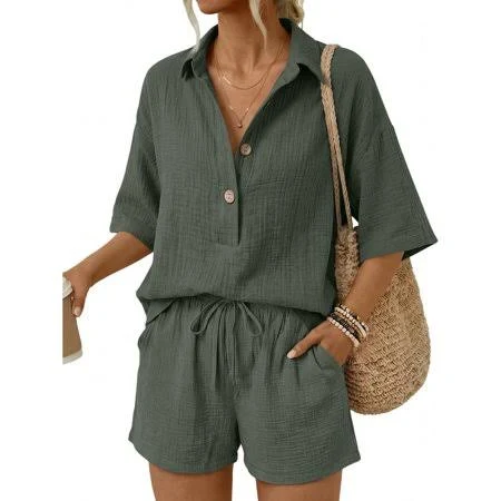 matching set Women's Oversized Linen V-Neck Short Sleeve Suit Walmart - Z Lgmexo $20.99