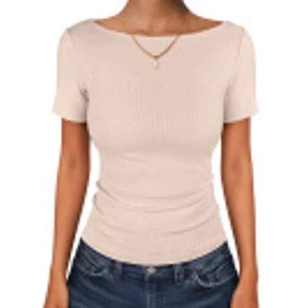 top Women's Ribbed Knit Boat Neck Short Sleeve T-Shirt Walmart - ANRABESS FASHION $9.99