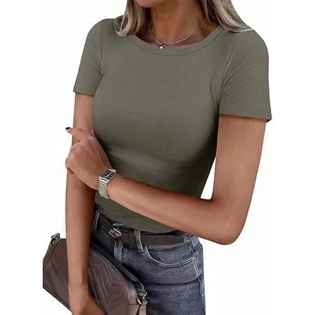 top Women's Ribbed Knit Slim Fitted Crewneck Short Sleeve Shirt Walmart - ANRABESS FASHION $19.99