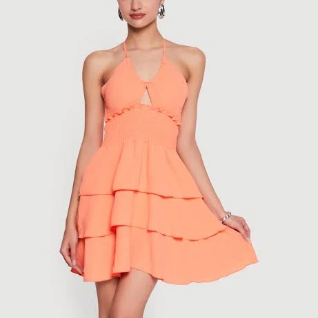 dress Women's Smocked Tiered Ruffle Halter Neck Mini Dress Rainbow Shops $19.97