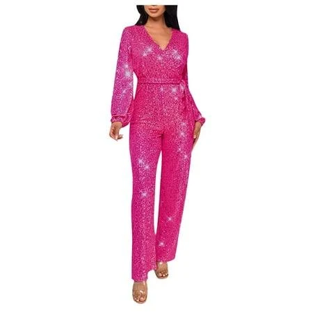 jumpsuit Women's Sparkly Sequin One-Piece Jumpsuit with Deep V Neck and Belt Walmart - zfhfof $35.15