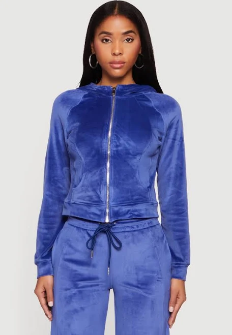 matching set Womens Velour Long Sleeve Solid Zip Front Hoodie, Cobalt, Size S - Rainbow Shops Rainbow Shops $8.98