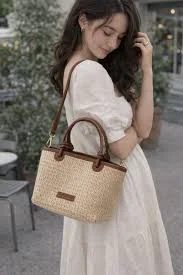 bag Woven Straw Tote Bag, Brown Leather Handles, Boho Summer Shoulder Handbag Etsy $60