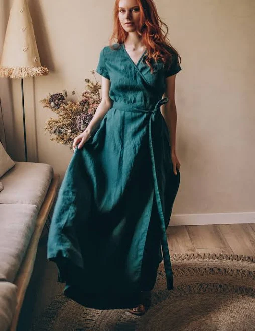 dress Wrap Linen Maxi Dress with Tie Belt VisibleArt $161