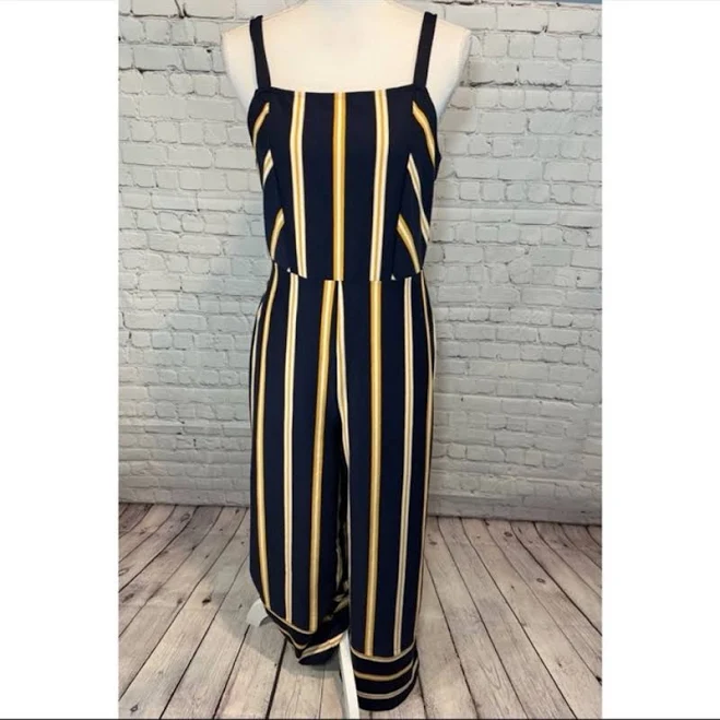 jumpsuit Xhilaration Navy Blue Jumpsuit With Yellow & White Stripes-Medium - Women | Color: Blue | Size: M Mercari $19.77