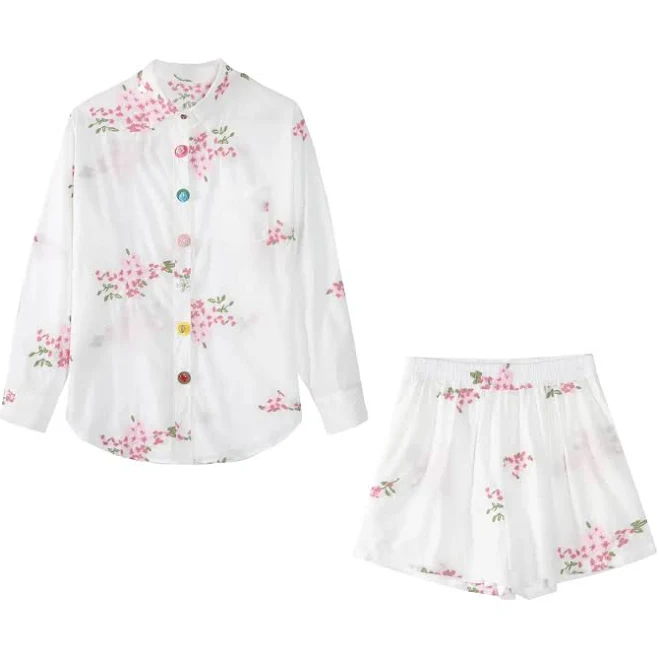 matching set YUSHE Women's Floral Print Shorts Set, Long Sleeve Button-Up Shirt and Shorts, Pink Cherry Blossom Pattern, White and Black TikTok Shop $49.99