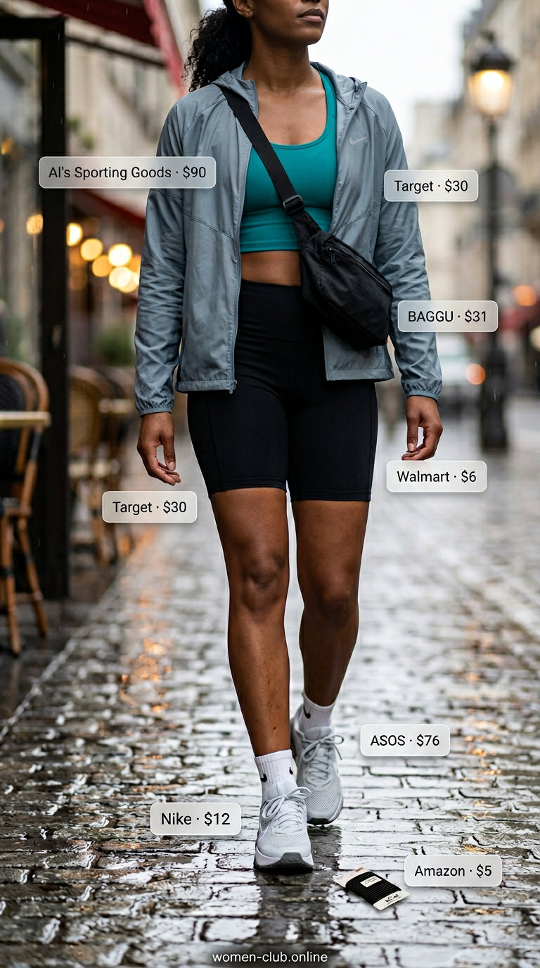 Rainy day summer windbreaker outfits for women 2026: Grey windbreaker, black biker shorts, teal sports bra, white & grey trainers.