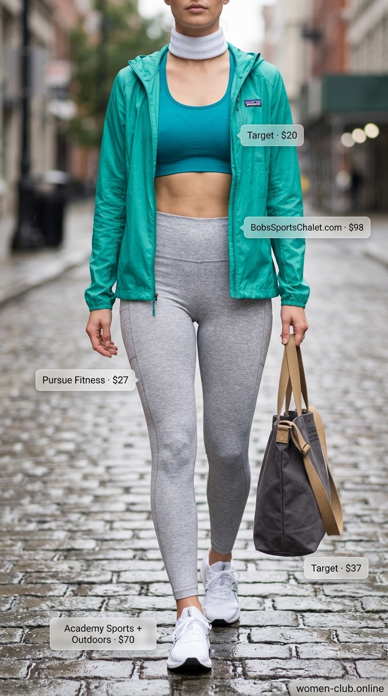 Active summer rain outfit for women 2026: Teal windbreaker, grey leggings, teal sports bra, white & black trainers, grey tote.