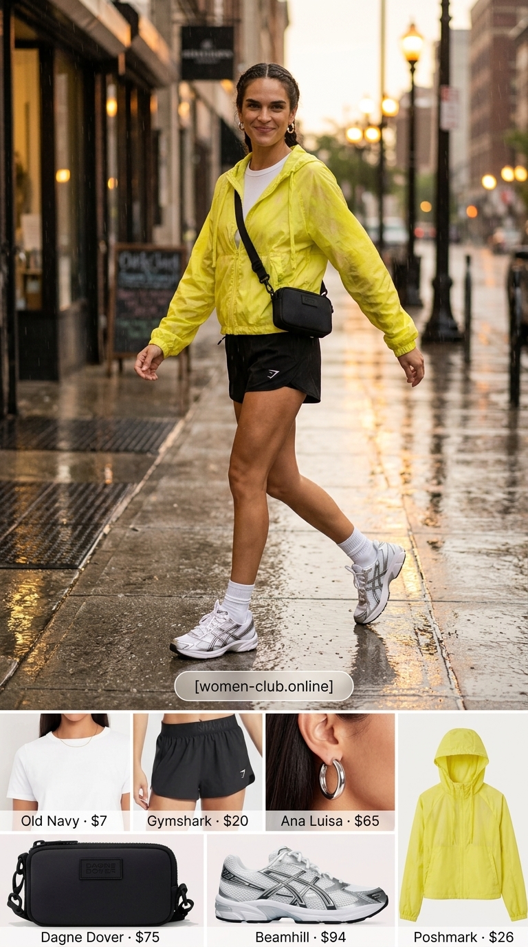 Bright yellow windbreaker outfit for women 2026, bold and energetic for festivals and active days.