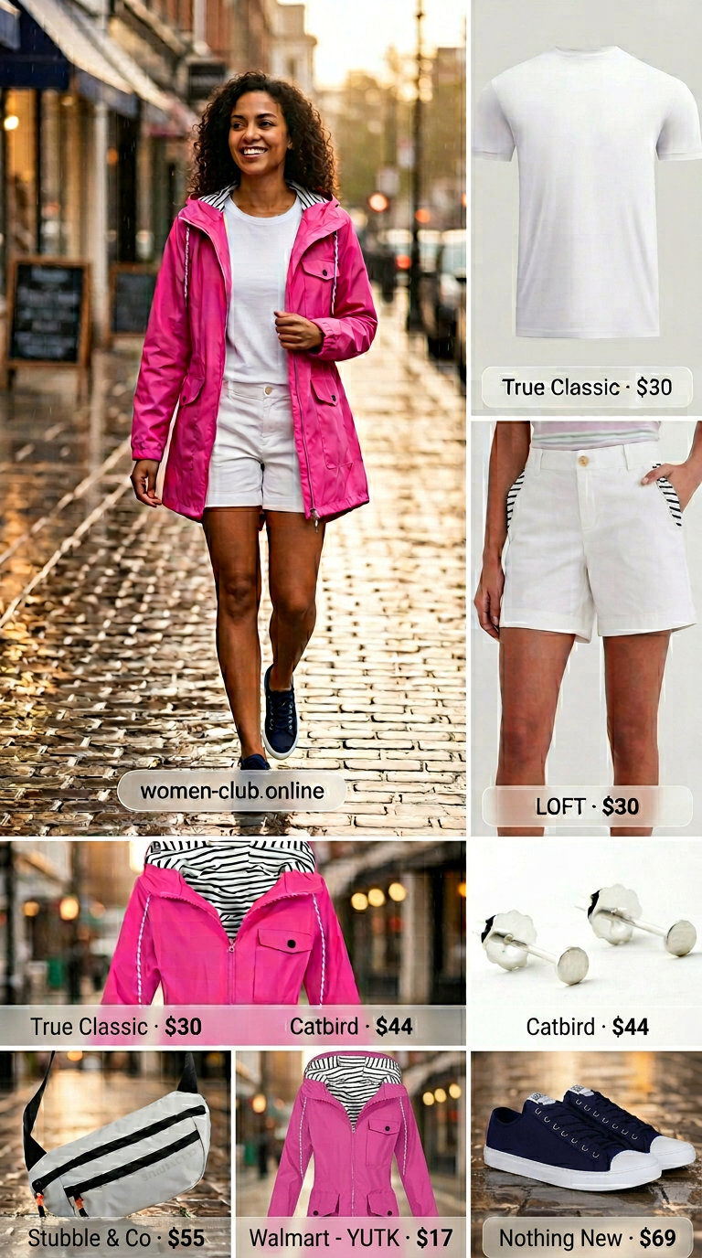 Bright pink windbreaker outfit for women 2026, ideal for cheerful summer showers and casual outings.