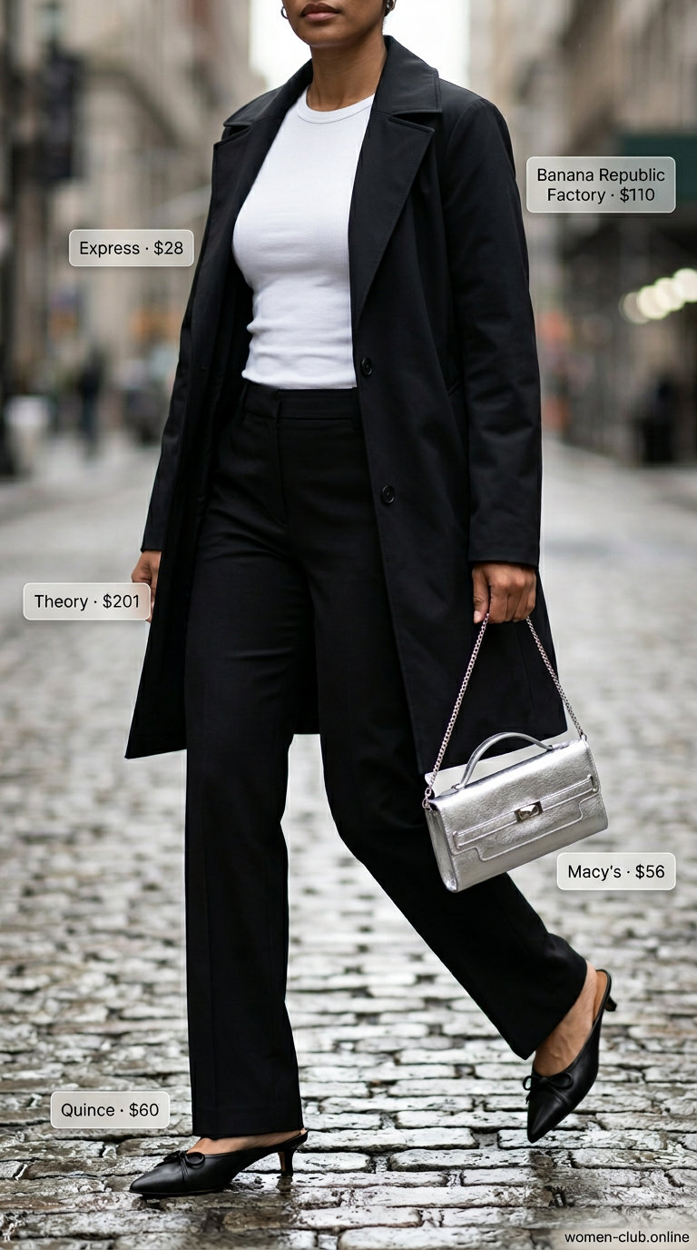 Chic city windbreaker outfit for women 2026: Black trousers, white tee, silver accessories, and minimalist black windbreaker.