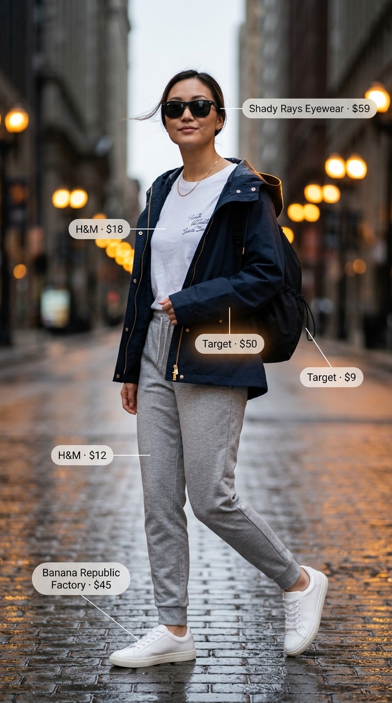 City explorer comfort outfit for women 2026: Navy windbreaker, grey joggers, white graphic tee, white sneakers, black backpack.