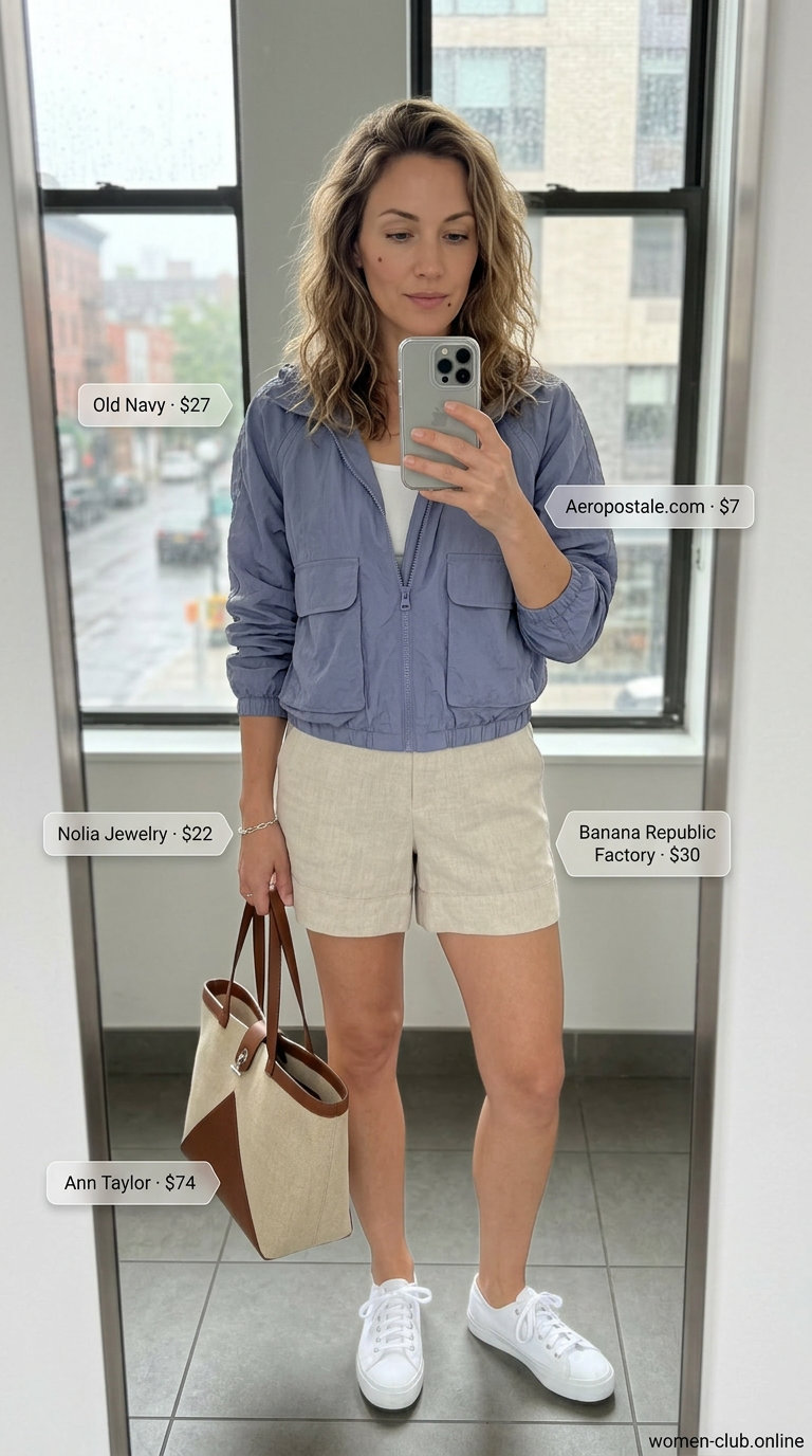 Coastal rainy day summer windbreaker outfits for women 2026 with pastel blue windbreaker, linen shorts, and slides.