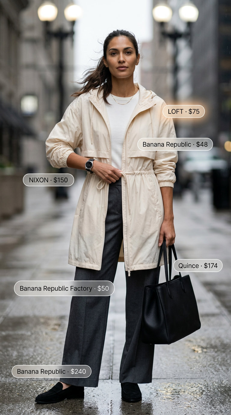 Sophisticated rainy day summer windbreaker outfits for women 2026 with beige windbreaker, wide-leg trousers, and loafers.