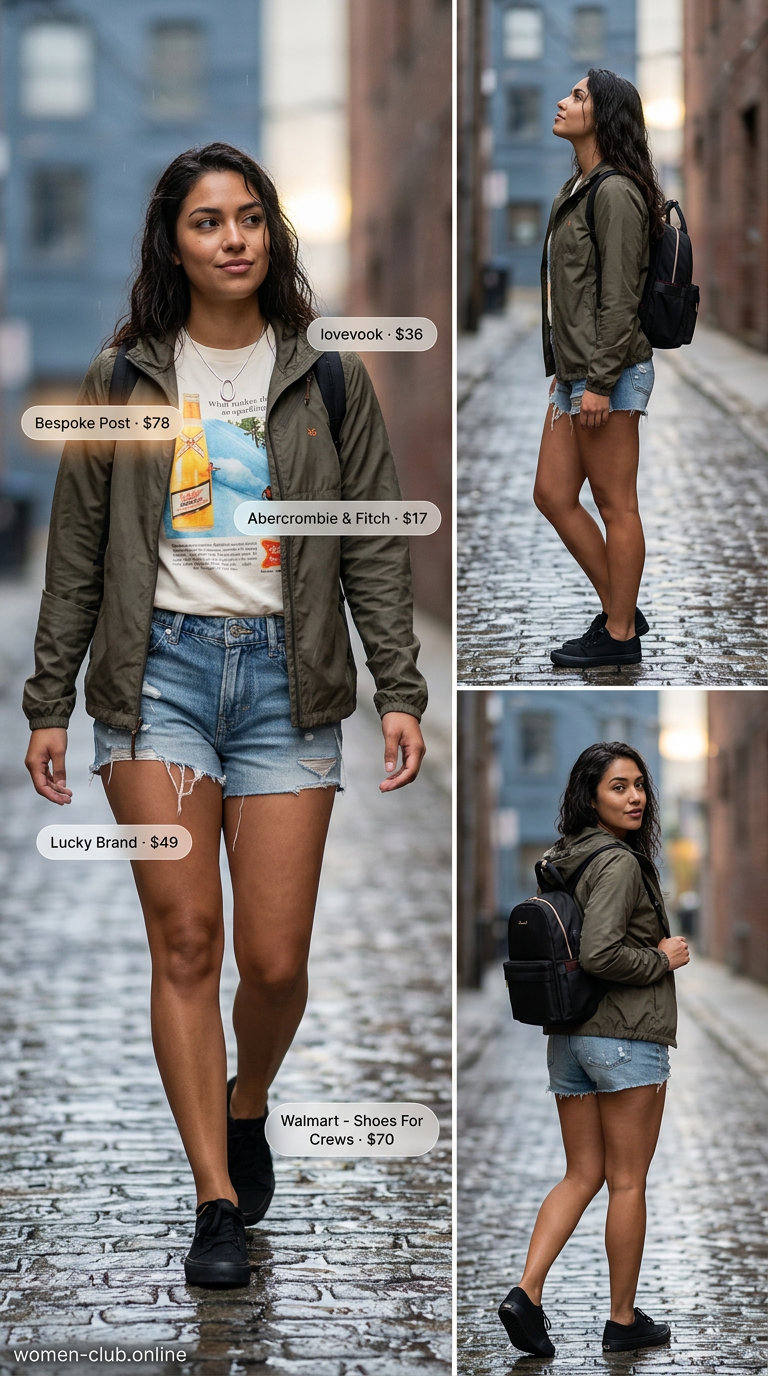 Cool rainy day summer windbreaker outfits for women 2026 with grey windbreaker, denim shorts, and graphic tee.