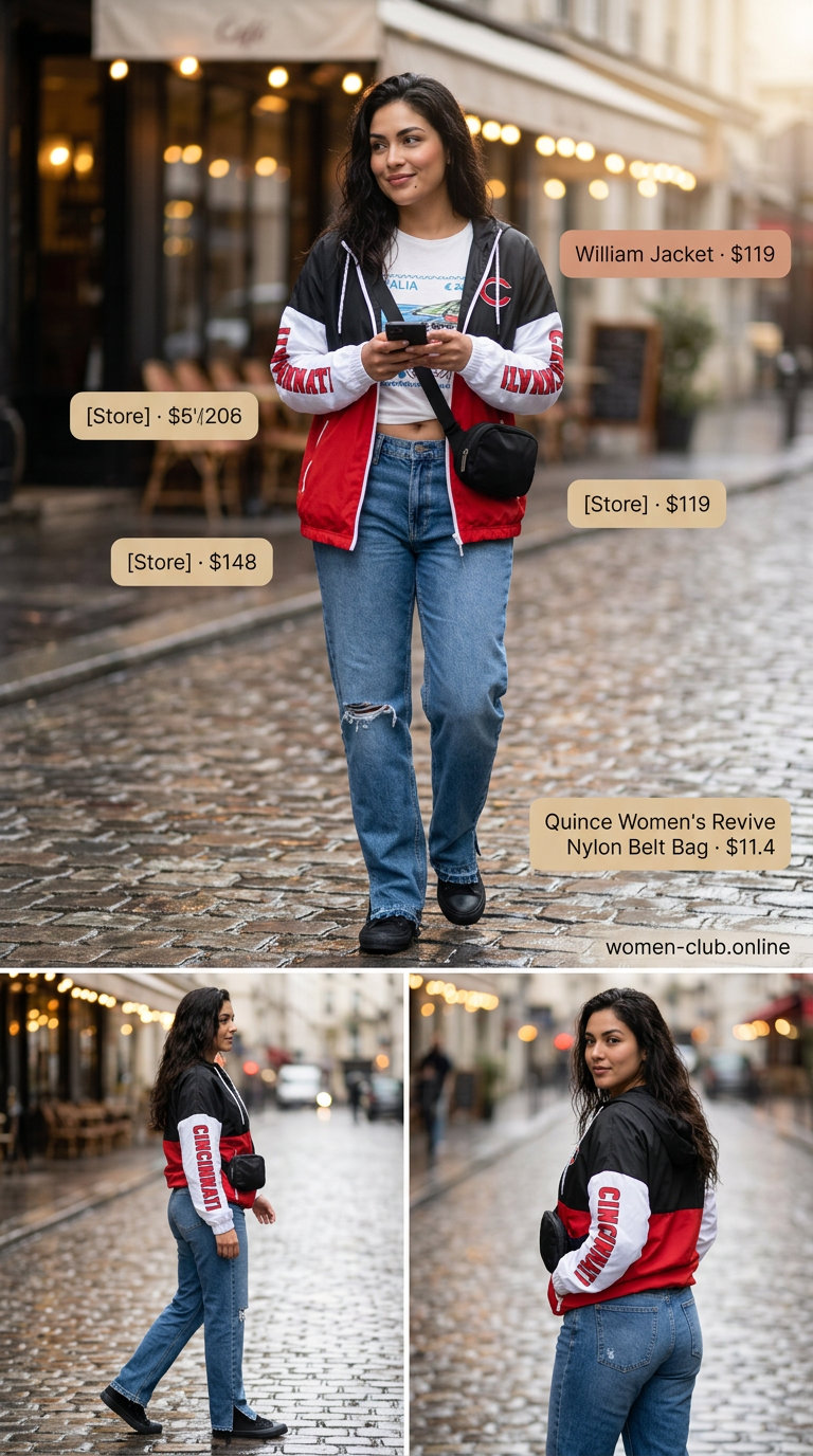 Red and black color-block windbreaker outfit for women 2026, perfect for casual days and coffee runs.