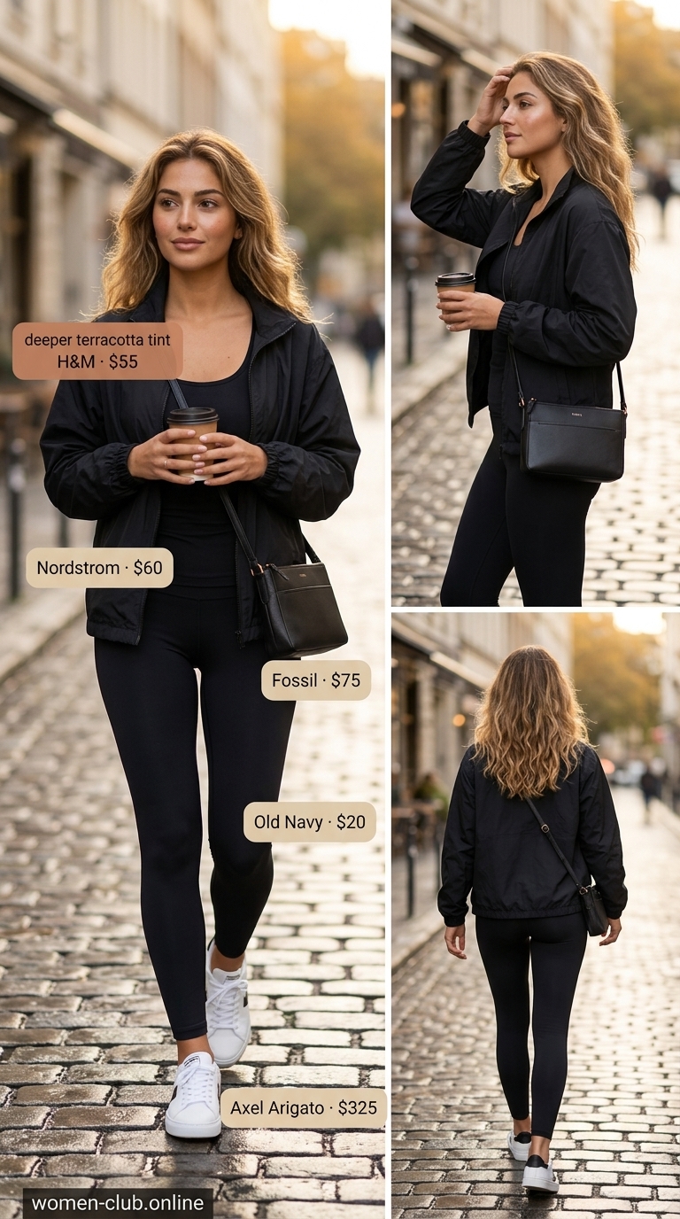 All black minimalist windbreaker outfit for women 2026, perfect for travel and casual days.
