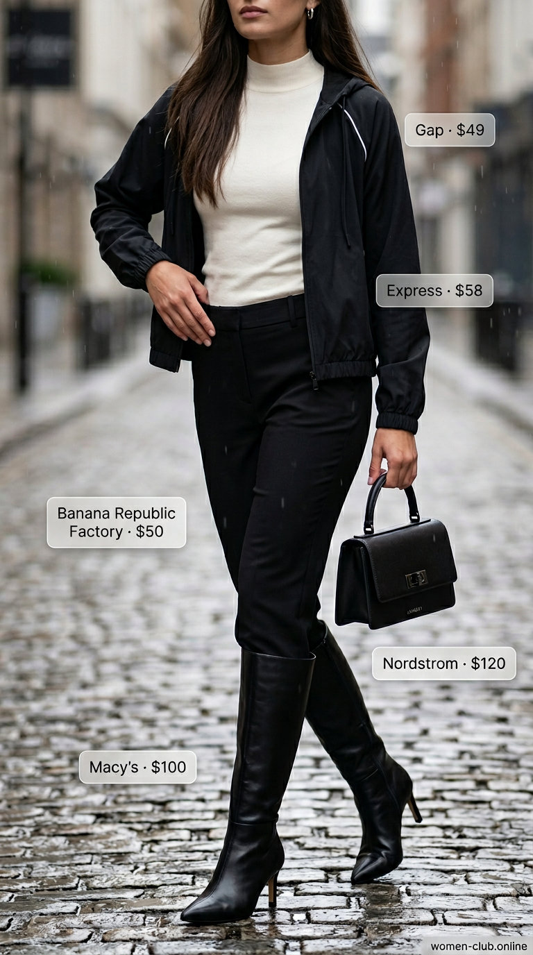 Monochrome rainy day summer windbreaker outfits for women 2026 with black windbreaker, trousers, and heeled boots.