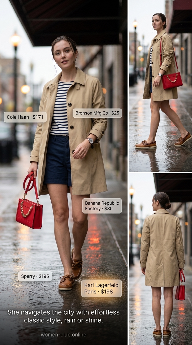 Preppy rainy day summer windbreaker outfits for women 2026 with khaki windbreaker, navy shorts, and boat shoes.