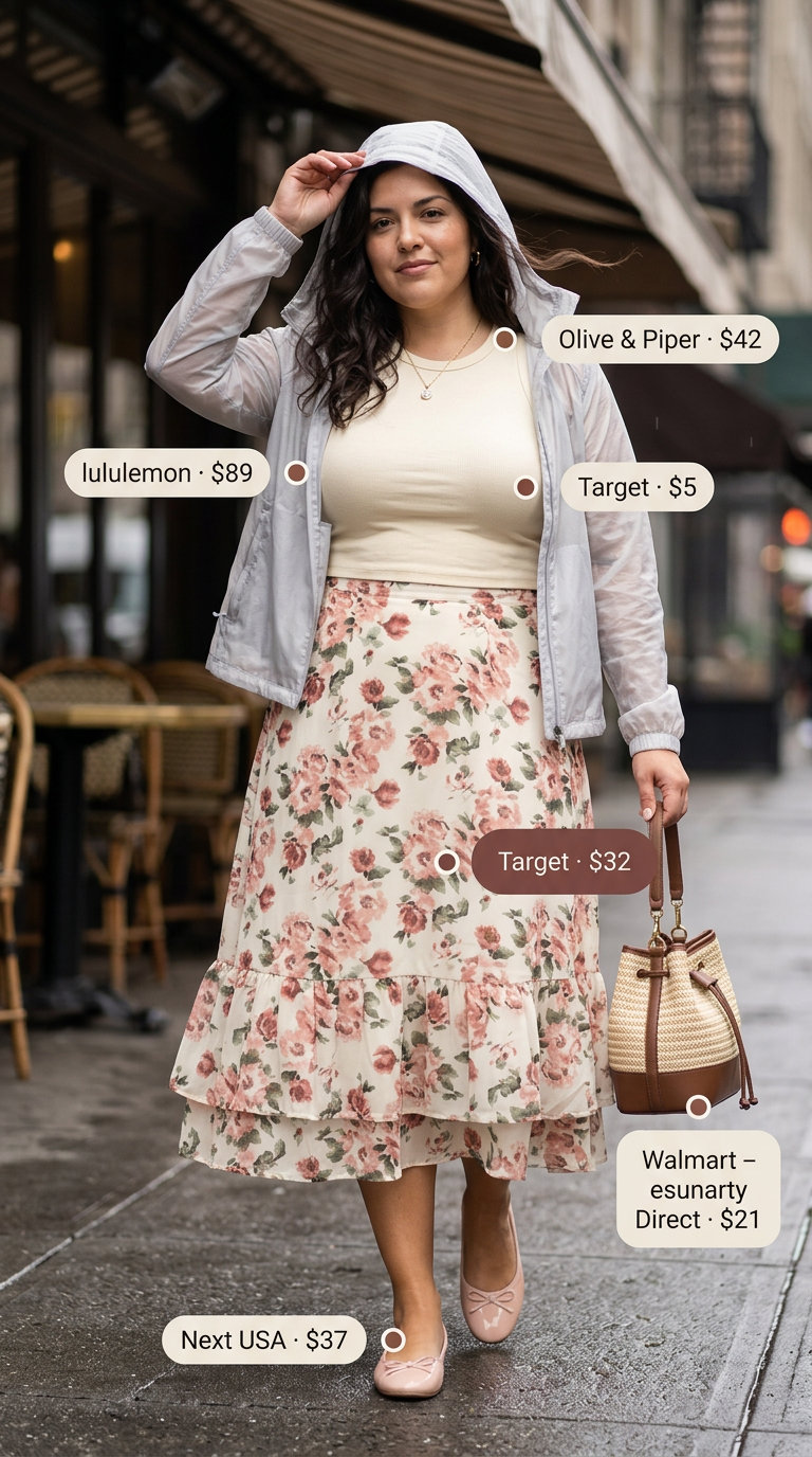 Romantic rainy day summer windbreaker outfit for women 2026 with floral skirt, grey sheer windbreaker, and pink flats.