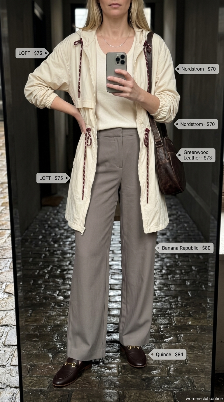 Sophisticated rainy day summer windbreaker outfits for women 2026 with beige windbreaker, wide-leg trousers, and loafers.