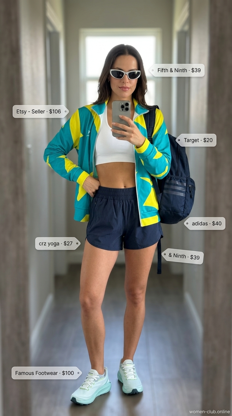 Sporty rainy day summer windbreaker outfits for women 2026 with yellow windbreaker, athletic shorts, and running shoes.