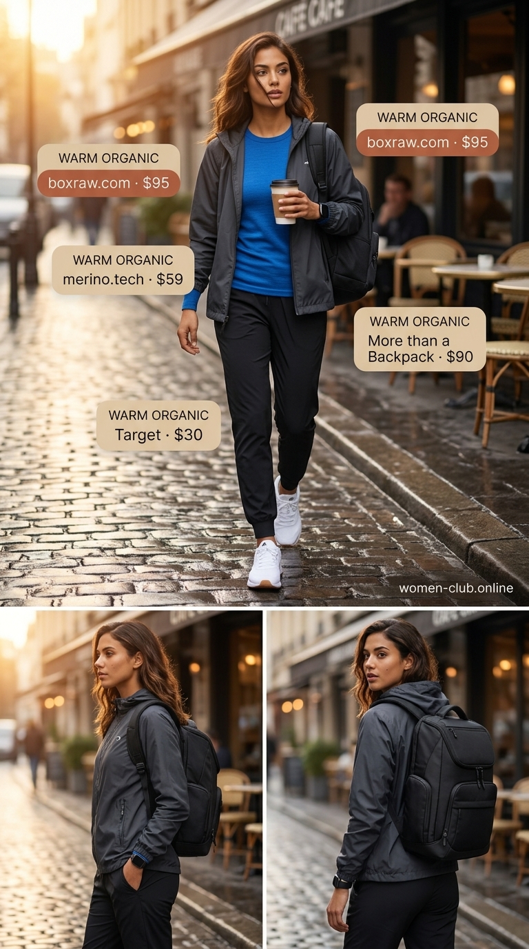 Techy commuter outfit for women 2026: Charcoal windbreaker, electric blue tee, black joggers, running shoes, tech backpack.