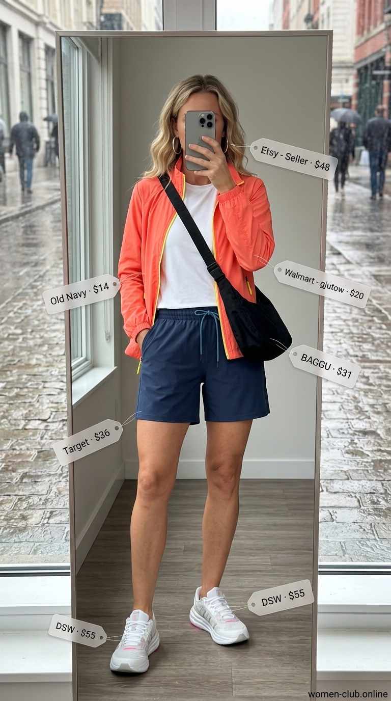 Bright coral windbreaker outfit for women 2026, playful and practical for rainy day errands.