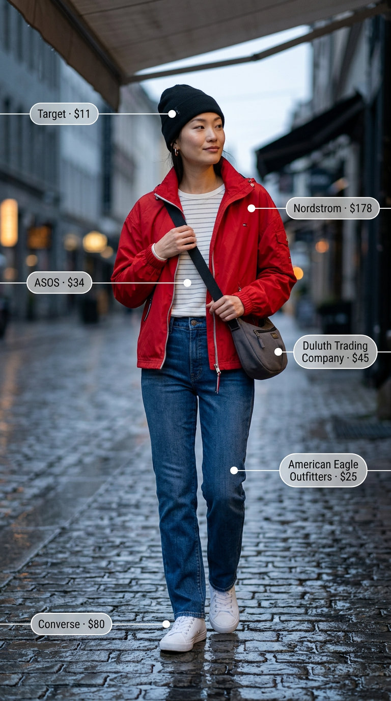 Casual rainy day summer windbreaker outfits for women 2026 with red windbreaker, denim jeans, and sneakers.