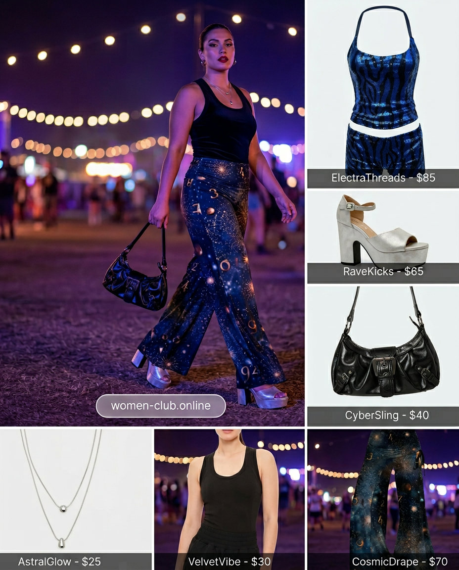 Sequin summer rave outfit for women 2026: Cosmic print sequin pants with black tank and silver necklaces.