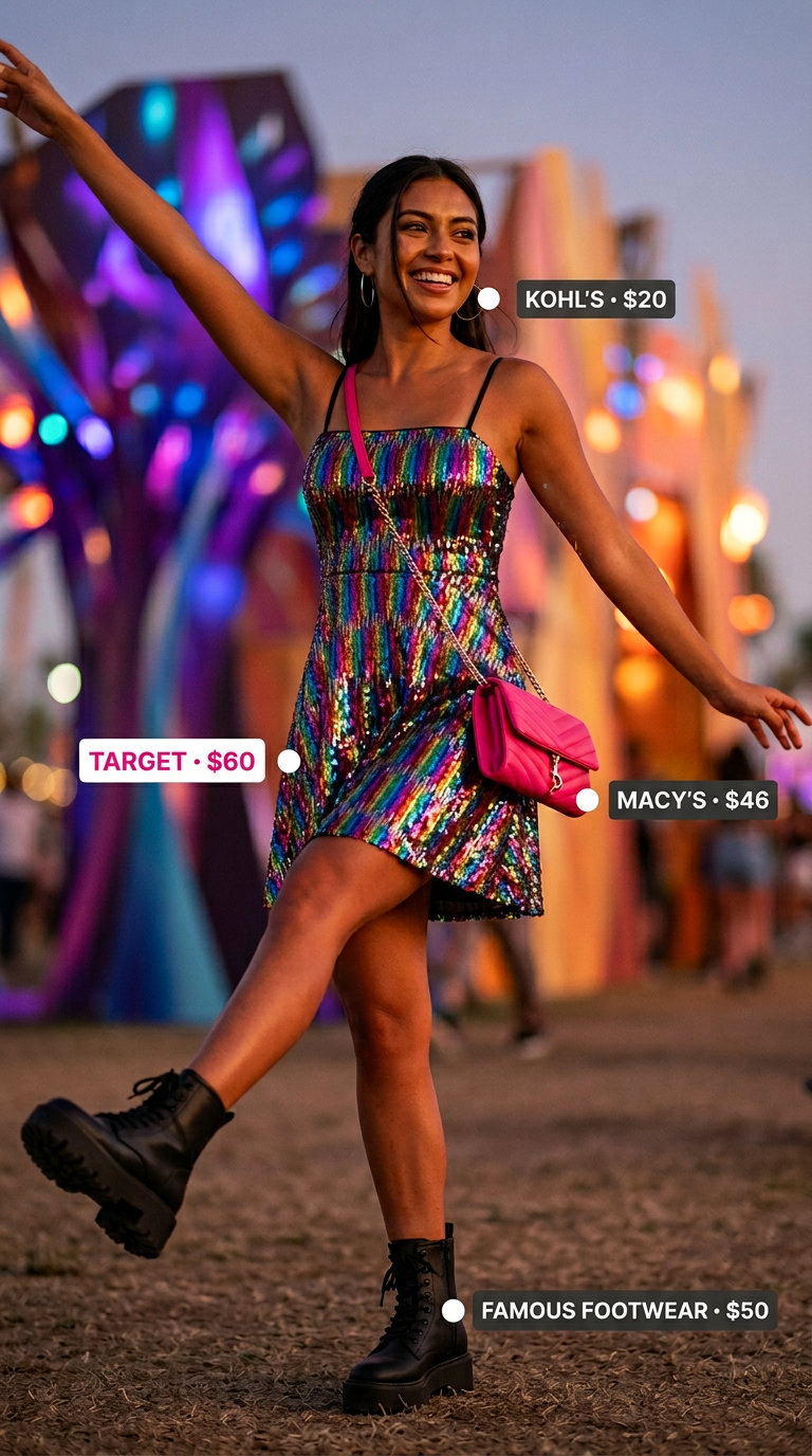 Sequin summer rave outfit for women 2026: Iridescent sequin mini slip dress with neon pink bag and combat boots.