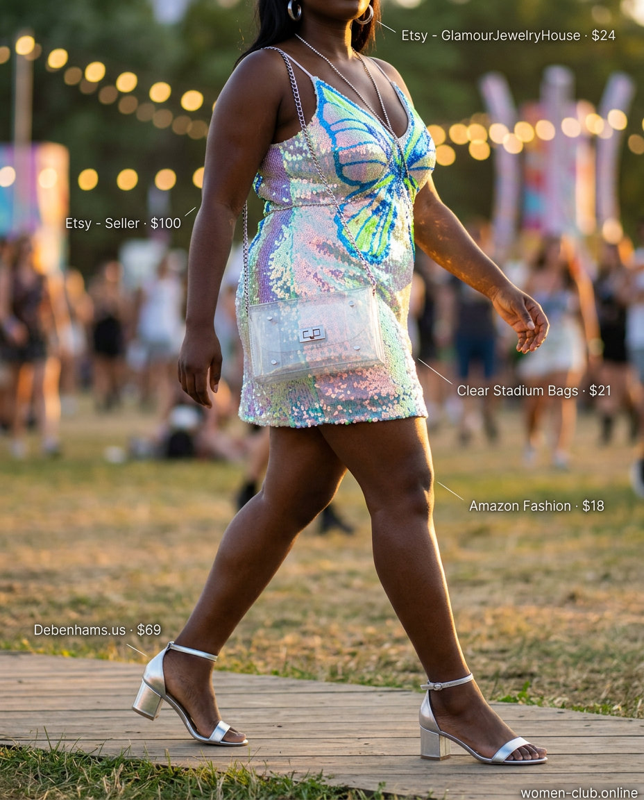 Sequin summer rave outfit for women 2026: Electric blue & neon green sequin maxi dress with silver sandals.