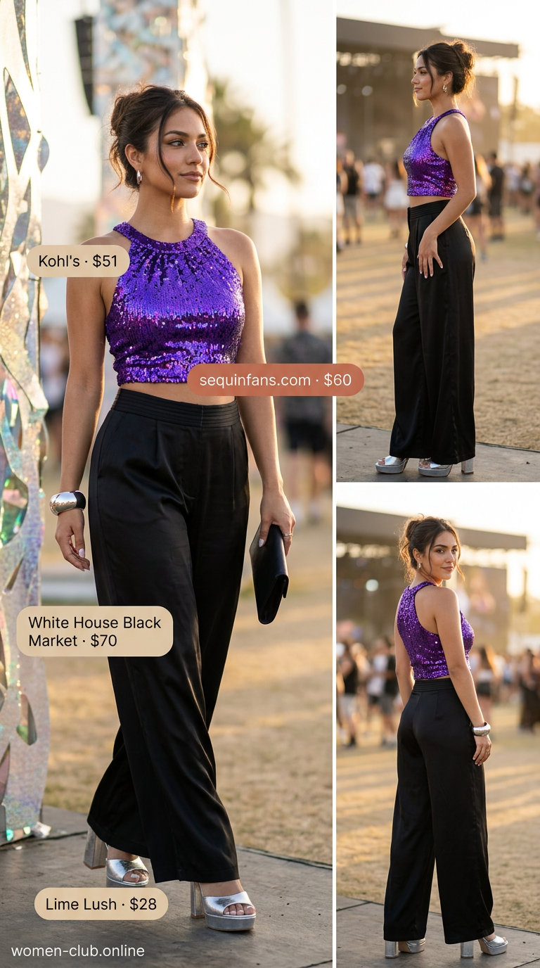 Sequin summer rave outfit for women 2026: Electric purple sequin halter crop top with black trousers and silver bracelet.