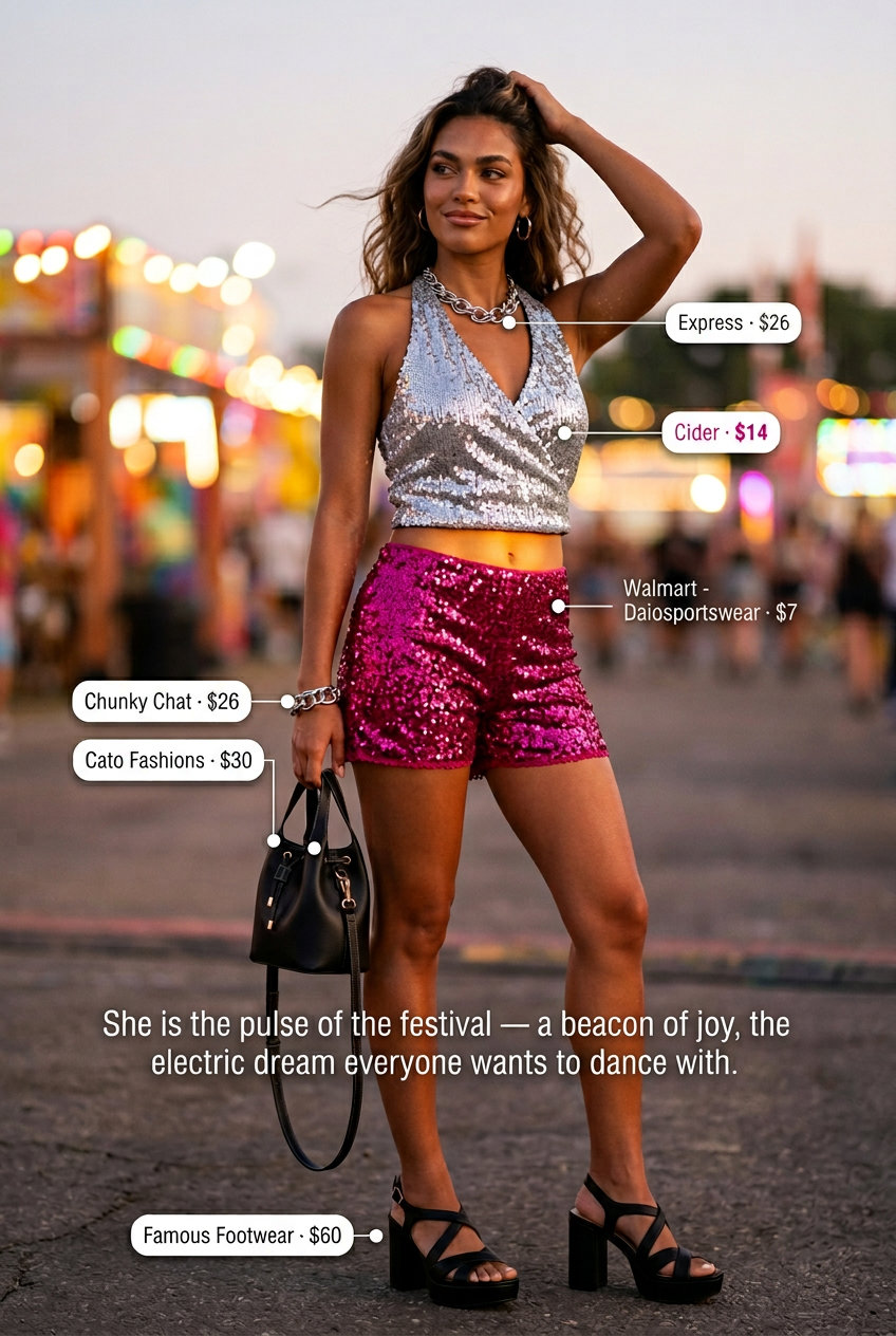 Sequin summer rave outfit for women 2026: Silver sequin crop top, fuchsia sequin shorts, and black platform sandals.