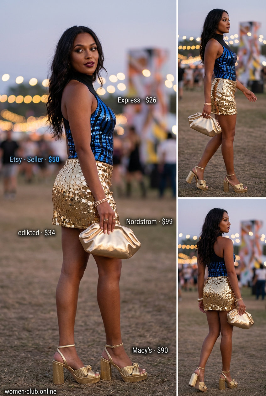 Sequin summer rave outfit for women 2026: Gold sequin mini skirt with black bodysuit and metallic sandals.