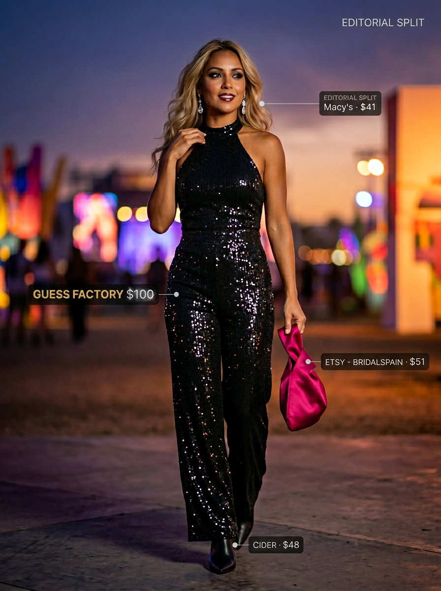 Sequin summer rave outfit for women 2026: Black sequin halter jumpsuit with fuchsia clutch and silver earrings.