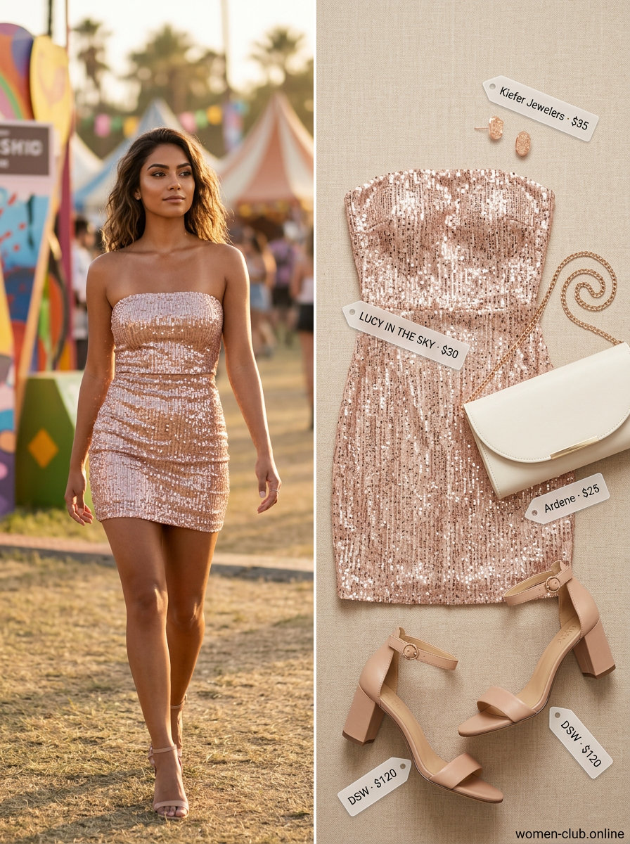 Sequin summer rave outfit for women 2026: Rose gold sequin mini dress with nude sandals and white clutch.