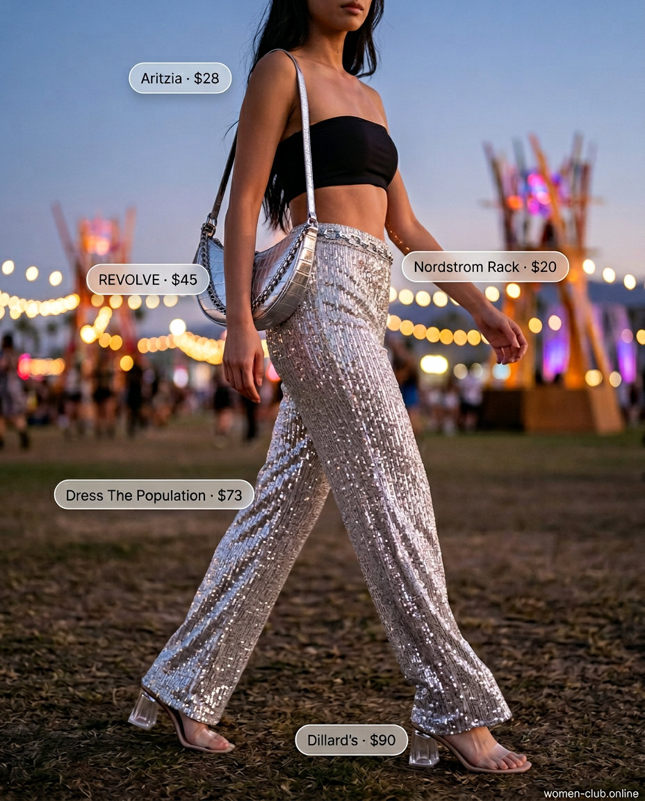 Sequin summer rave outfit for women 2026: Silver sequin flare pants with black bandeau top and clear heels.