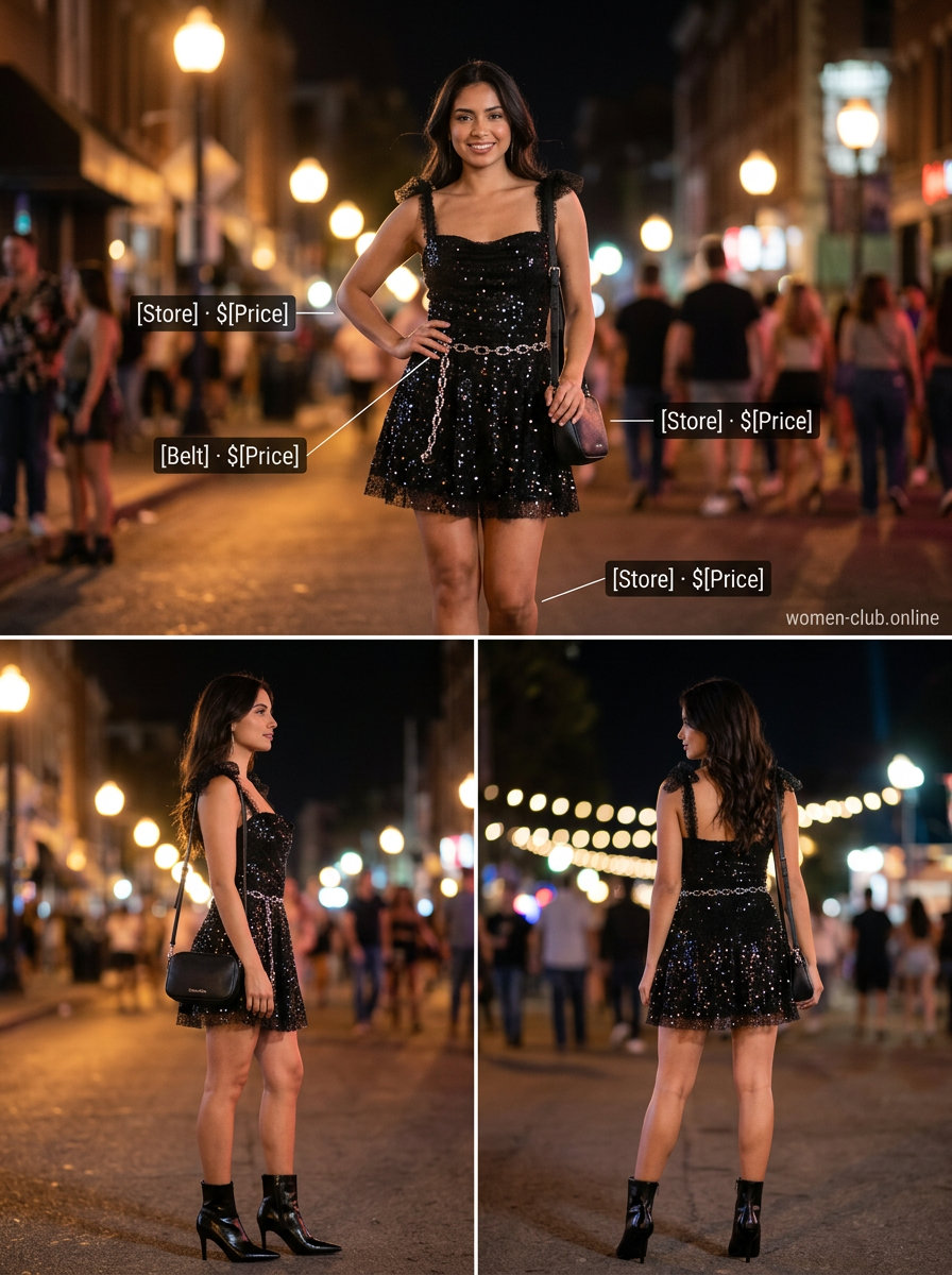 Sequin summer rave outfit for women 2026: Black sequin mini dress with ankle boots for a chic evening event.