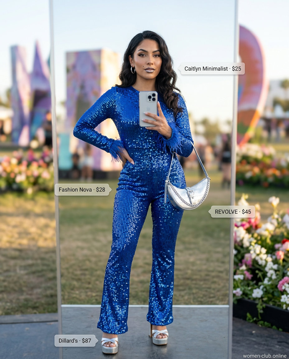 Sequin summer rave outfit for women 2026: Electric blue sequin jumpsuit with silver accessories for a futuristic party.
