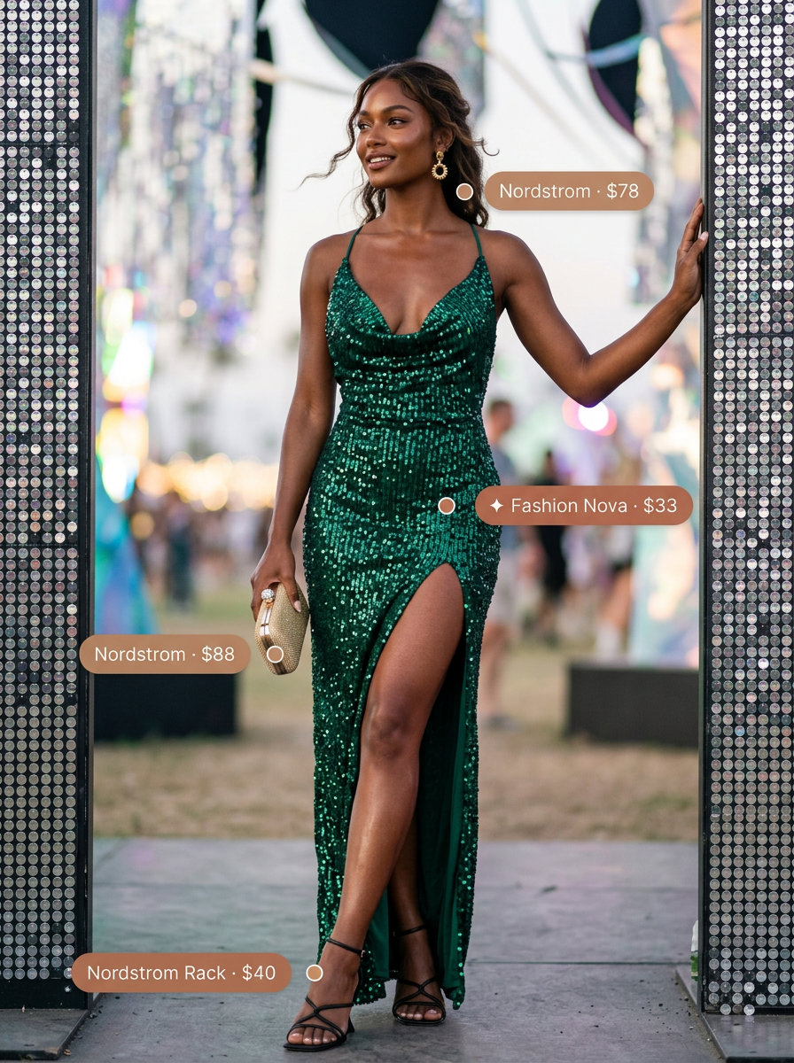 Sequin summer rave outfit for women 2026: Emerald green sequin slip dress with black heels for a glamorous night out.