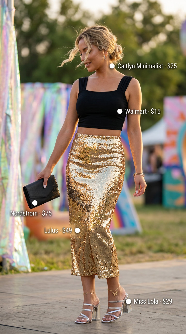 Sequin summer rave outfit for women 2026: Gold sequin midi skirt, black crop top, silver mules, and black clutch.