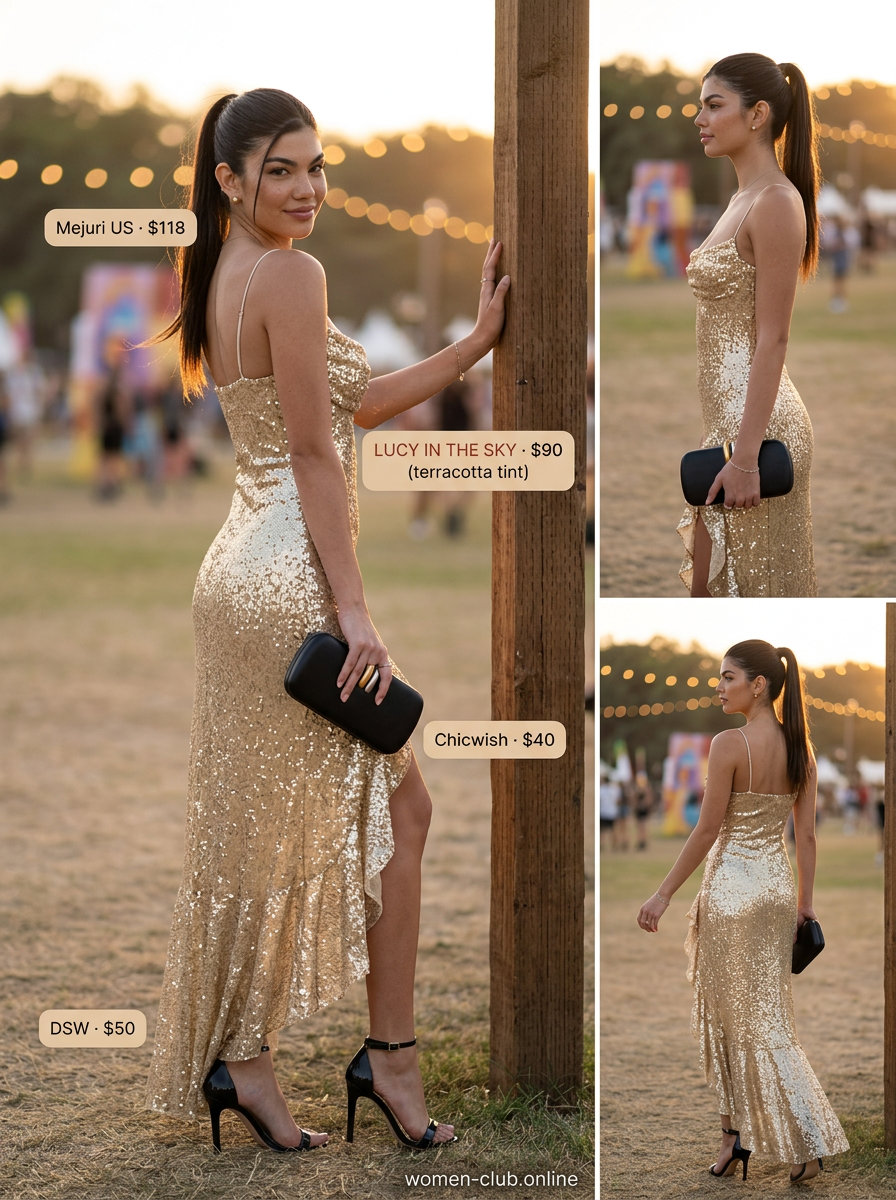 Sequin summer rave outfit for women 2026: Gold sequin slip dress, black heels, clutch, and delicate gold earrings.