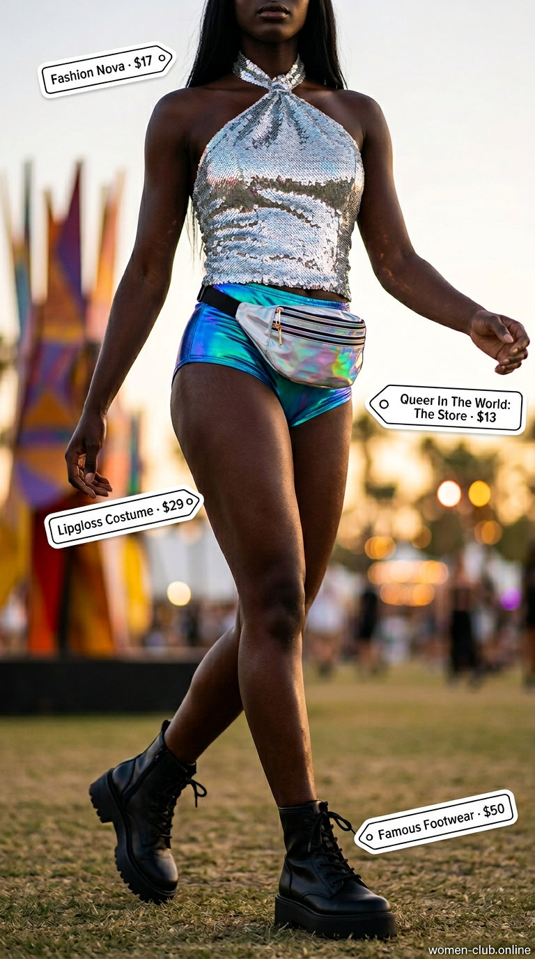 Sequin summer rave outfit for women 2026: Iridescent silver sequin top, electric blue shorts, combat boots, and futuristic sunglasses.