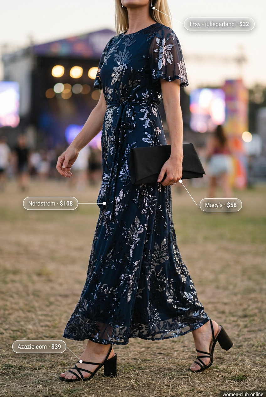 Sequin summer rave outfit for women 2026: Midnight blue sequin maxi dress, black block heels, silver earrings, and clutch.