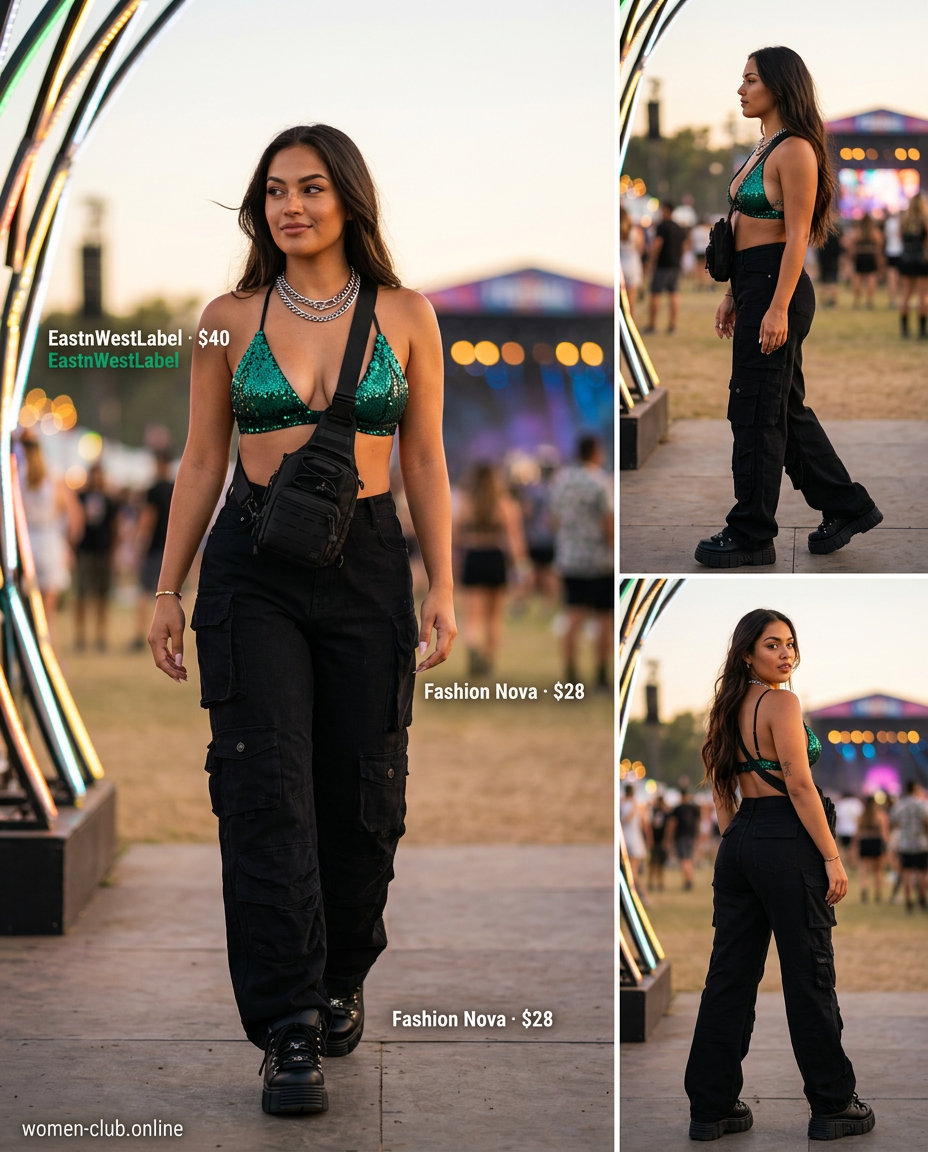 Sequin summer rave outfit for women 2026: Neon green sequin bralette top, cargo pants, platform sneakers, and silver necklace.